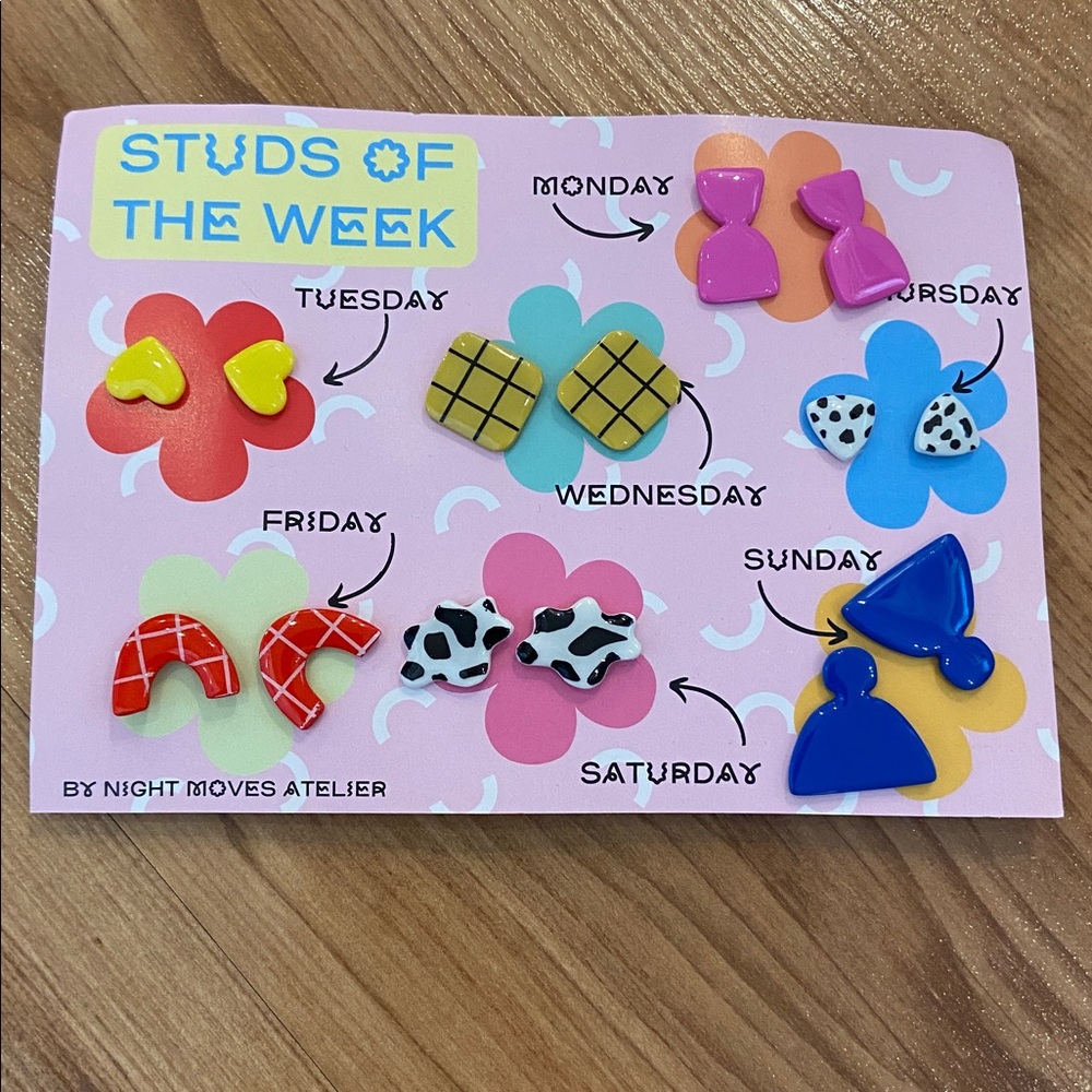 NWT - STUDS OF THE WEEK, by Night Moves Atelier - 7 pairs pierced earrings